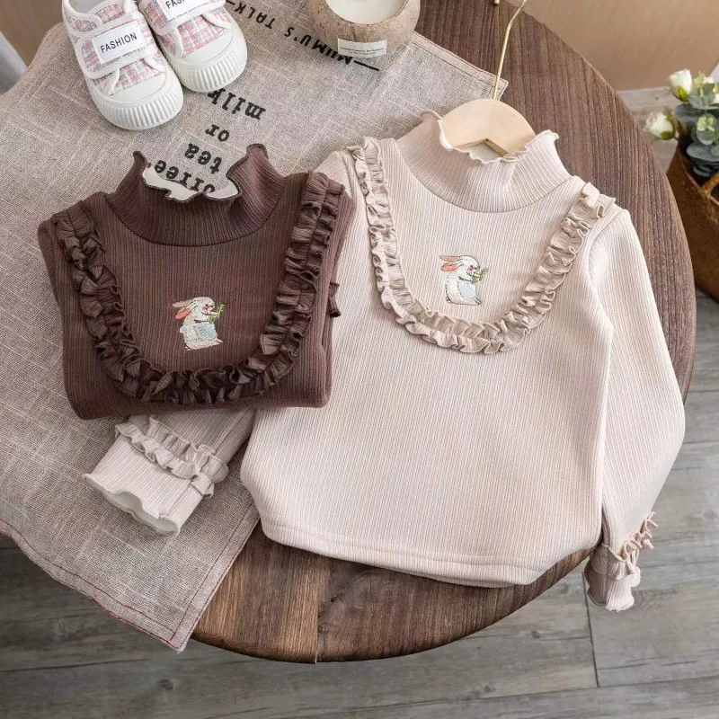 2023 Autumn/Winter New Children\'s Fashionable Plush Warm Sweater Girl Baby Embroidered One piece Plush Cartoon Bottom Shirt