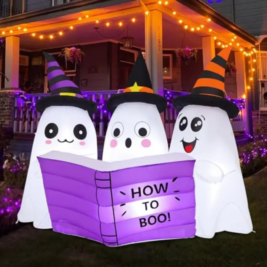 GOOSH 5.2FT Long Halloween Iatables Ghost Outdoor Decoration Blow Up Yard Cute Ghosts Reading Book with Builtin LEDs for Indoor