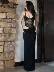 Women Elegant Spaghetti Strap Mesh Patchwork Irregular Black Dress 2026 Chic Sleeveless Hollow Out Split Slim Long Party Dresses