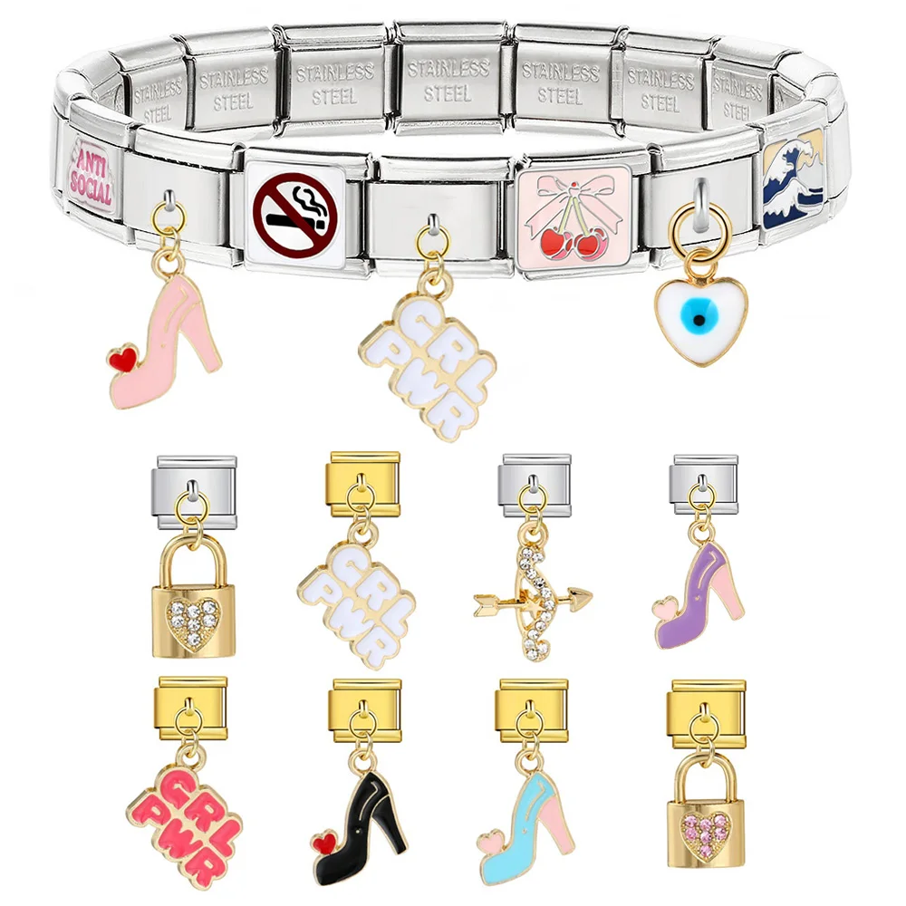New Trendy Lock High Heels Dazzling CZ Italian Charm Links Fit 9mm Stainless Steel Bracelet Jewelry DIY Making For Women Famale