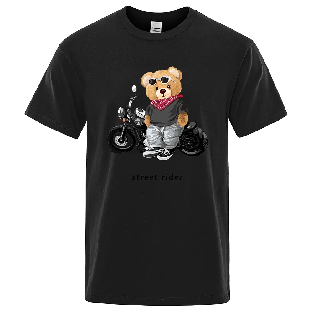 Motorcycle Teddy Bear Funny Print t-Shirts Men Loose Oversize Clothing Cotton Summer Soft Tshirt Hip Hop Tees