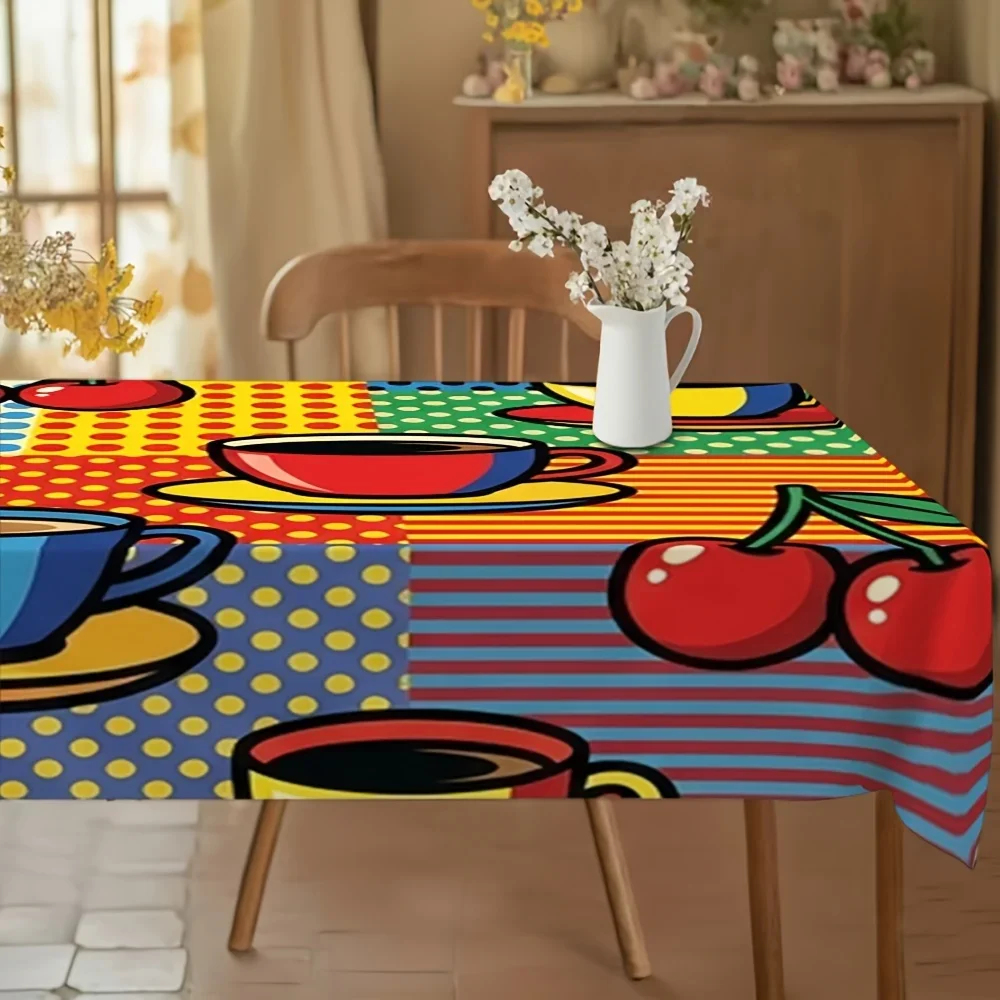 1 piece of colorful coffee cup cherry polka dot striped tablecloth with modern pattern and bright print for the dining tablexzj