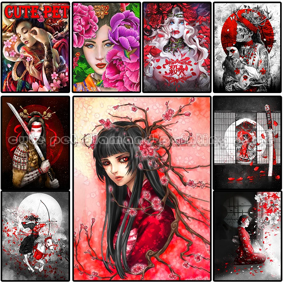 Japanese Ukiyo e DIY Diamond Painting Japanese Samurai Cross Stitch Diamond Mosaic Cherry Blossoms decor flower woman embroidery