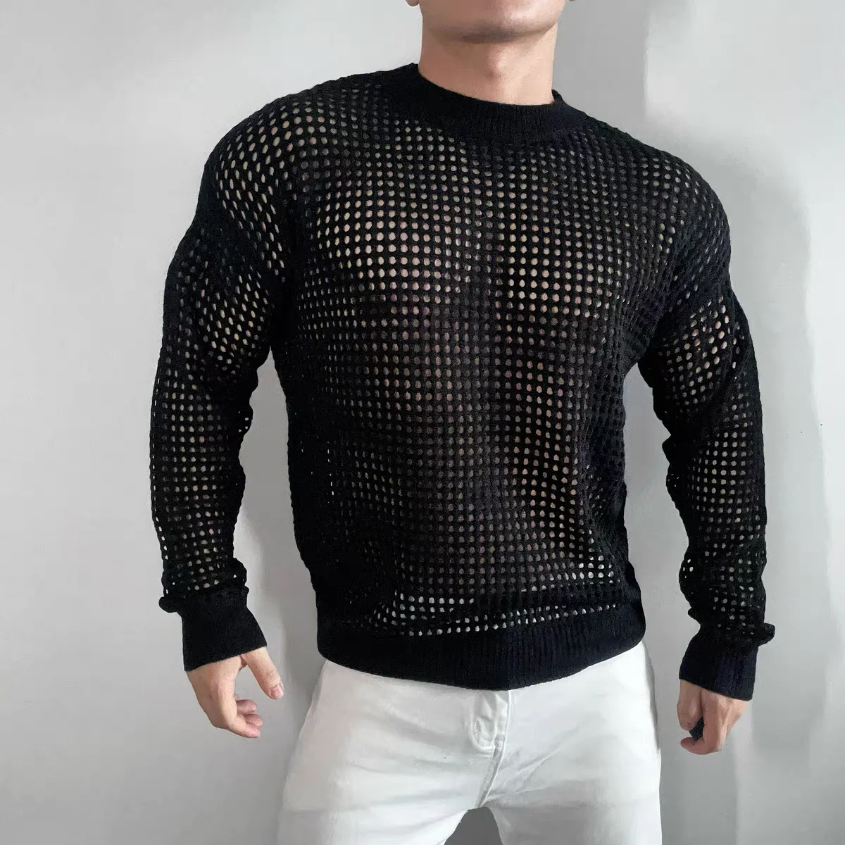 

Sexy Black Hollow Casual Shirt Men 's O Neck Hoode Nightclub Bar Singer Dancer Stage Show Performance wear