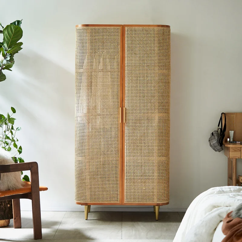 Wind solid wood wardrobe, simple and luxurious, rattan woven double door storage cabinet, bedroom, large capacity storage