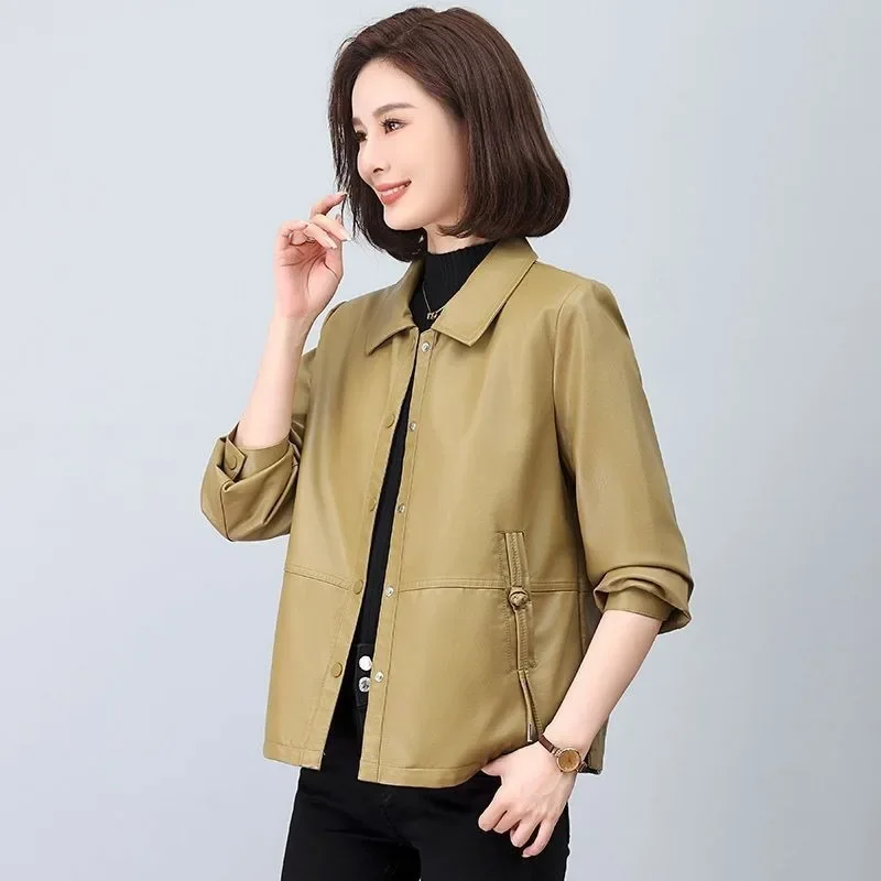 Leather Jacket for Women, Thin Style, Western Fashion, Short Button Up Clothes, Korean Version, Spring and Autumn