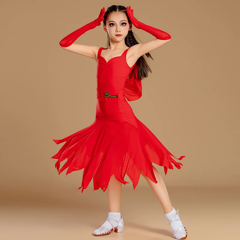 子供パフォーマンスダンスドレス女の子赤ラテンダンス競技衣装ワルツ社交ダンスドレスステージパーティー着用 SL12545