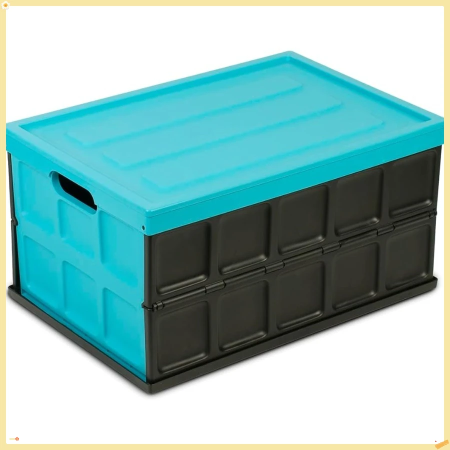 Collapsible Storage Bin with Lid - 48L Foldable Plastic Box , Organization - Stackable Lidded Container with Handles, Turquoise