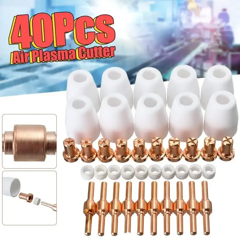 40Pcs/Set Ceramic + Metal  Plasma Cutting Cutter Consumables Extended TIP Nozzle Electrode For PT31 LG40 Torch CUT--40 50