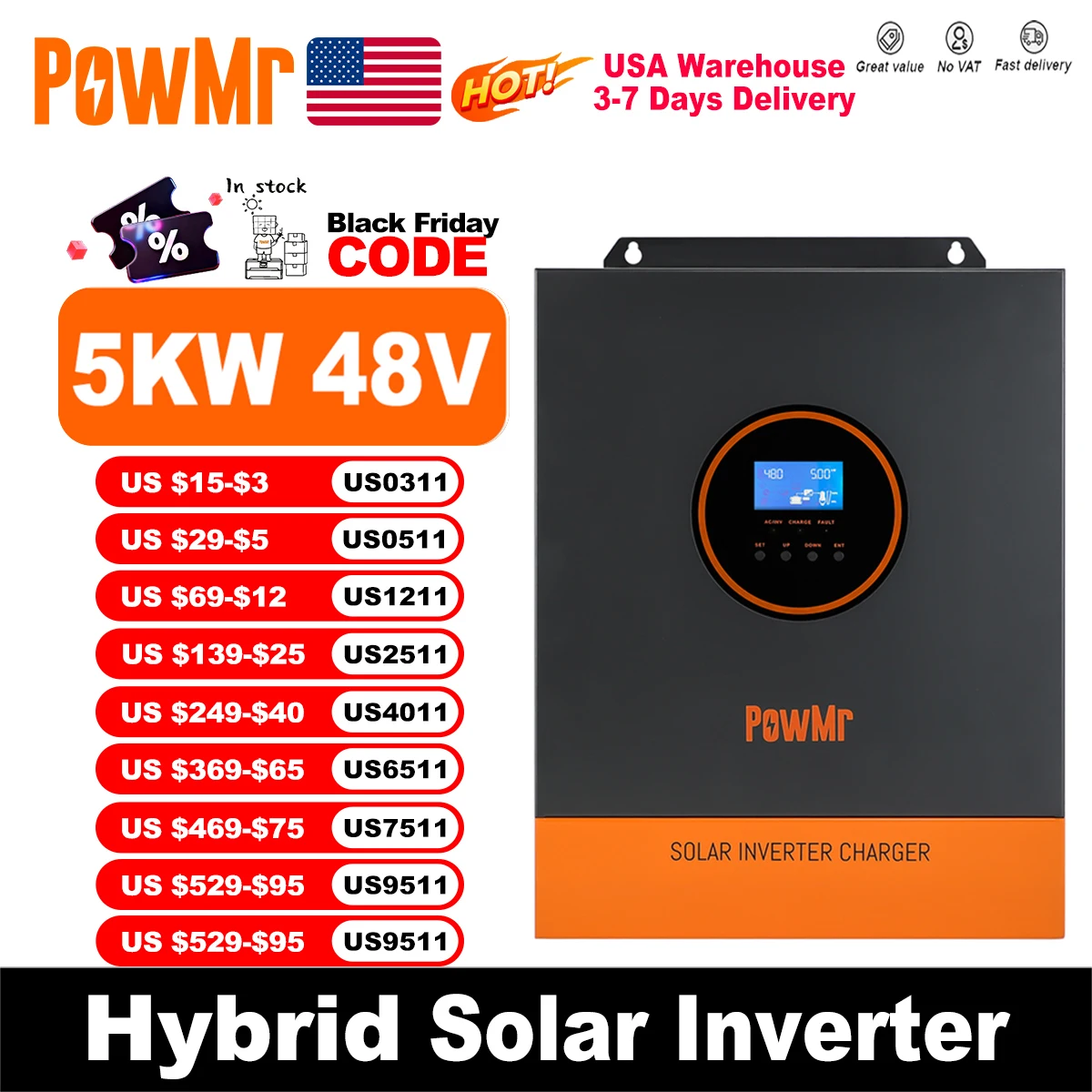 

PowMr 5000W 48V 110/120VAC Output MPPT Hybrid Solar Inverter PV 500VDC With MPPT 80A Charger Controller Support Lithium Battery