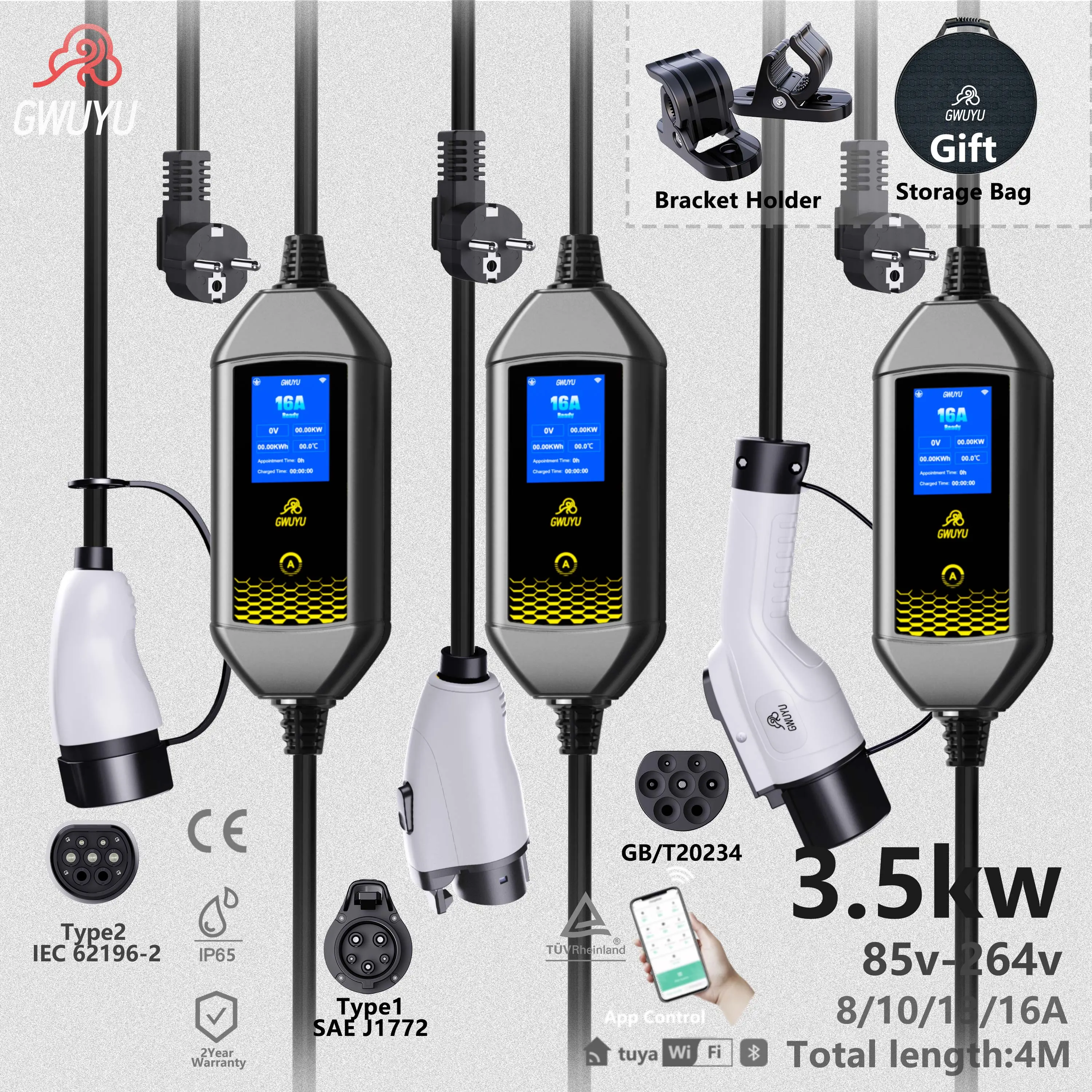 

GWUYU 16A 3.5KW Type2 Type1EV Charger Portable GB/T Electric Vehicle Charger EVSE Charging Cable WiFi Bluetooth APP Control