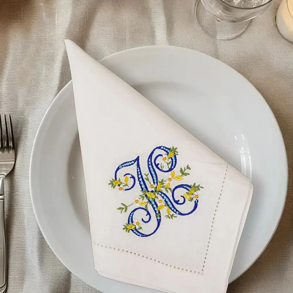 New Arrival 100% Pure Linen Lemon Embroidered Monogram Napkin, 42x42cm (16.5 X 16.5') Decorative Napkin, Wedding, Gift, Family