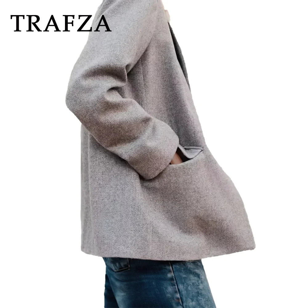 TRAFZA 2024 Spring Summer Office Lady Blazers Fashion Casual Elegant Solid Single Button Shrug Chic Women Blazers Vintage Jacket