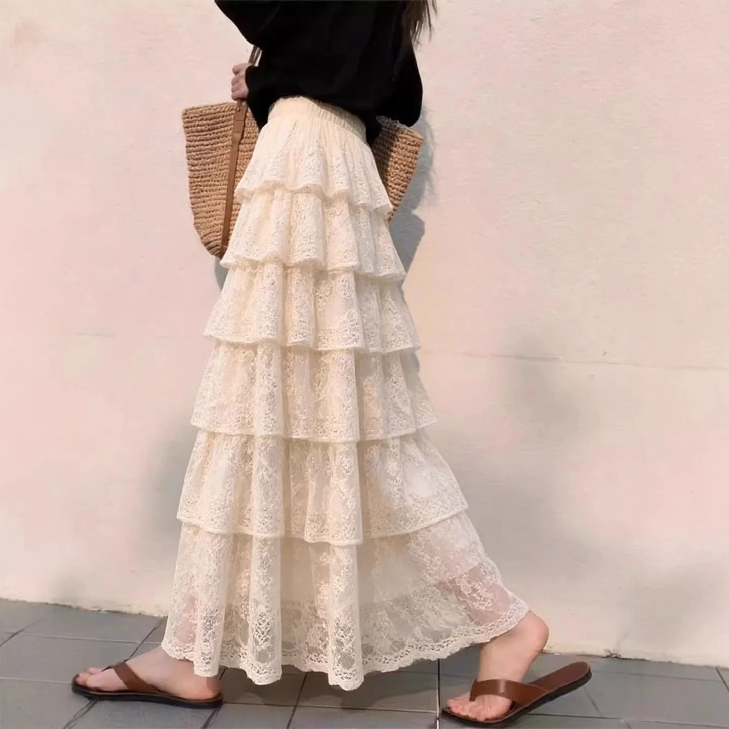 

2026 Fairy Feeling Lace Skirt Female High Waist Thin A Word Fluffy Cake Medium Dress
