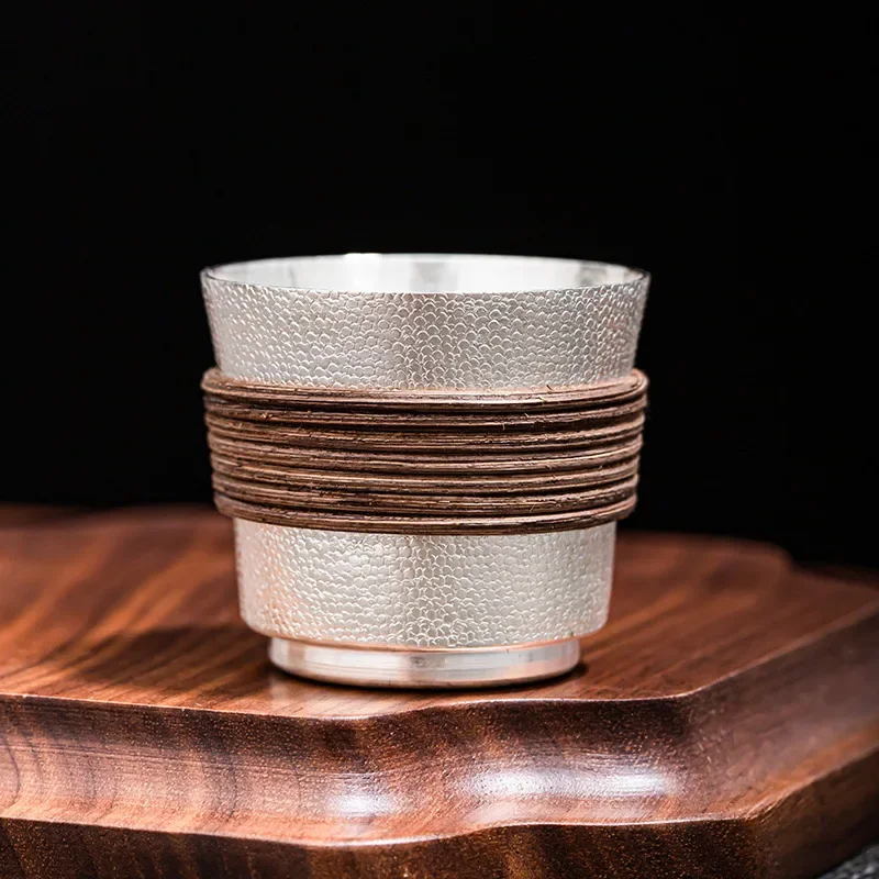 Silver teacup 999 sterling silver cup, anti-scalding and heat-insulating double-layer Kung Fu tea set
