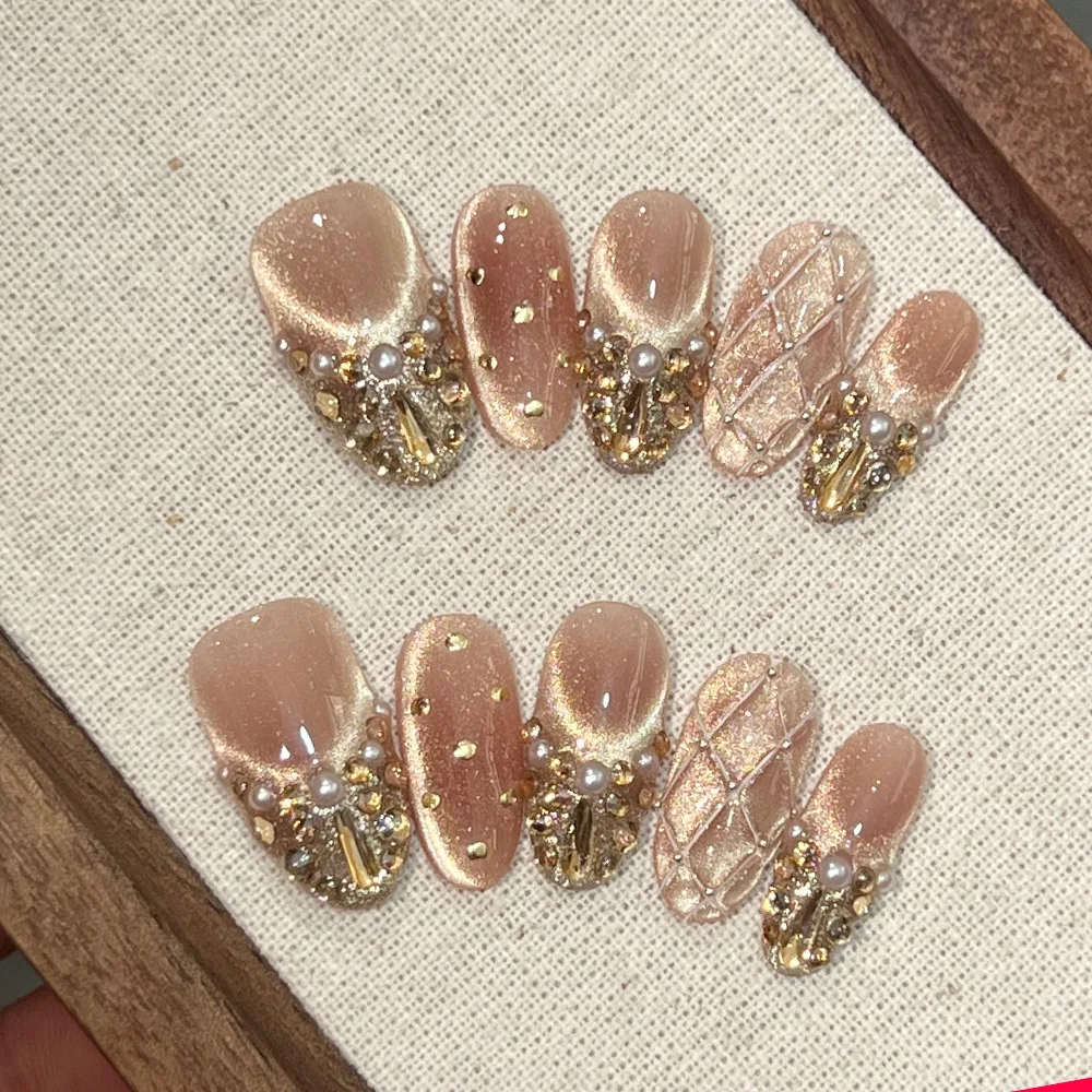 

10 шт. золотой чехол для ногтей с бриллиантовым дизайном, длинные овальные накладные ногти цвета шампанского ручной работы, блестящий кошачий глаз, пресс для накладных ногтей