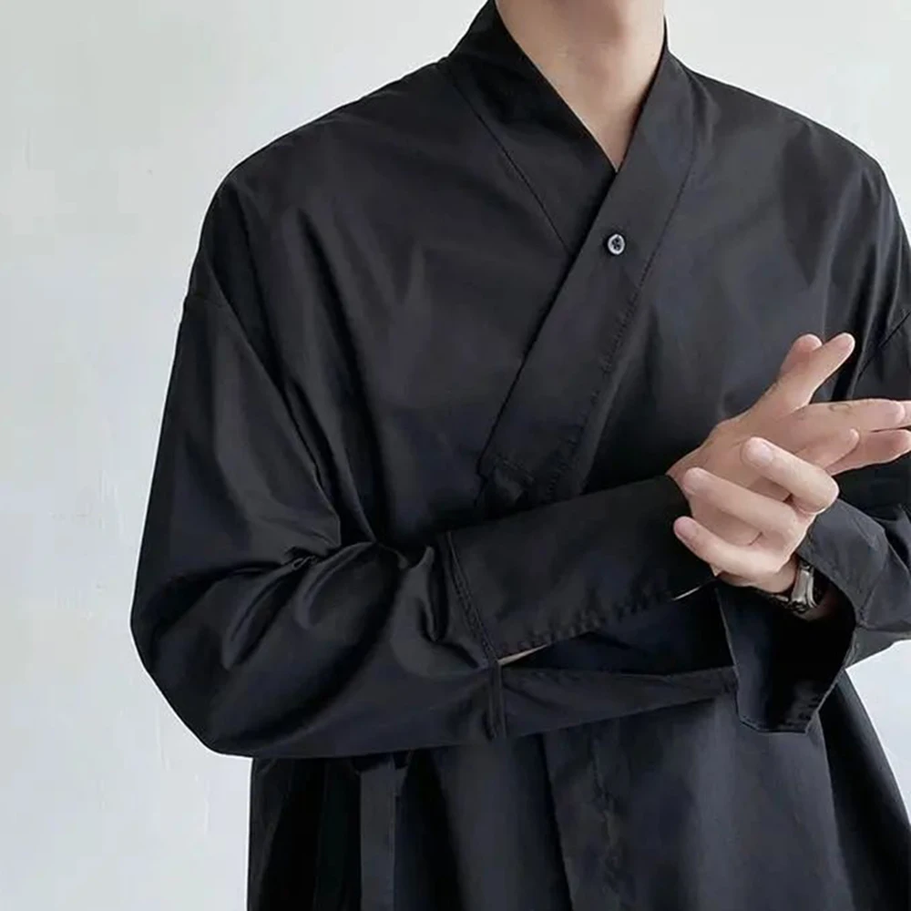 Mens Chinese strappy long-sleeved shirt autumn winter genderless simple loose retro solid color diagonal placket top unisex