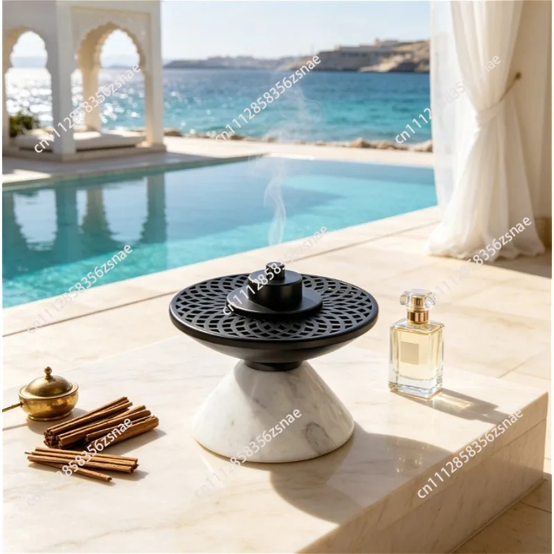 Low cone-shaped white marble incense burner natural stone hourglass-shaped base hollow wrought iron aromatherapy burner ornament