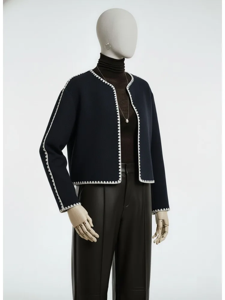 Freeacy 2026 ربيع جديد المرأة اقتصاص سترة الأزرق الداكن الأبيض صدفي خياطة المتضخم سترة الرجعية غير رسمية سترة معطف