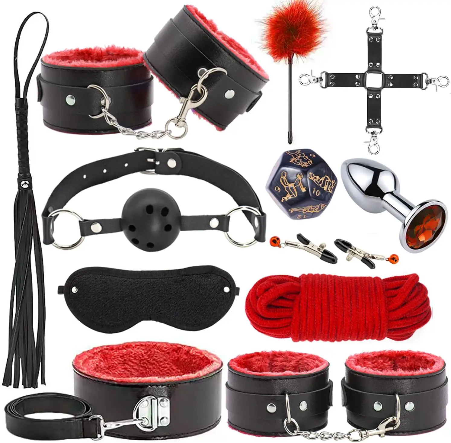 

Sex Bondage BDSM Kit Restraints - Upgrade 12PCS Sets with Adjustable Handcuffs Collar Ankle Cuff Blindfold Feather Tickler