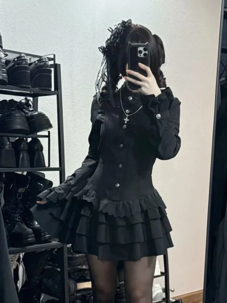 Y2k vintage gótico em camadas de renda mini vestido rua elegante preto lolita magro vestido de manga longa doce legal escuro roupas femininas