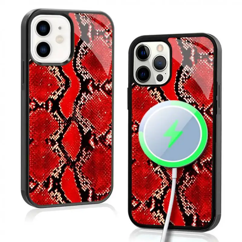 Red Snakeskin Snake Skin Phone Case For IPhone 11 12 13 14 15 Plus Pro Max Mirror Acrylic Cover For Magsafe Wireless Charging