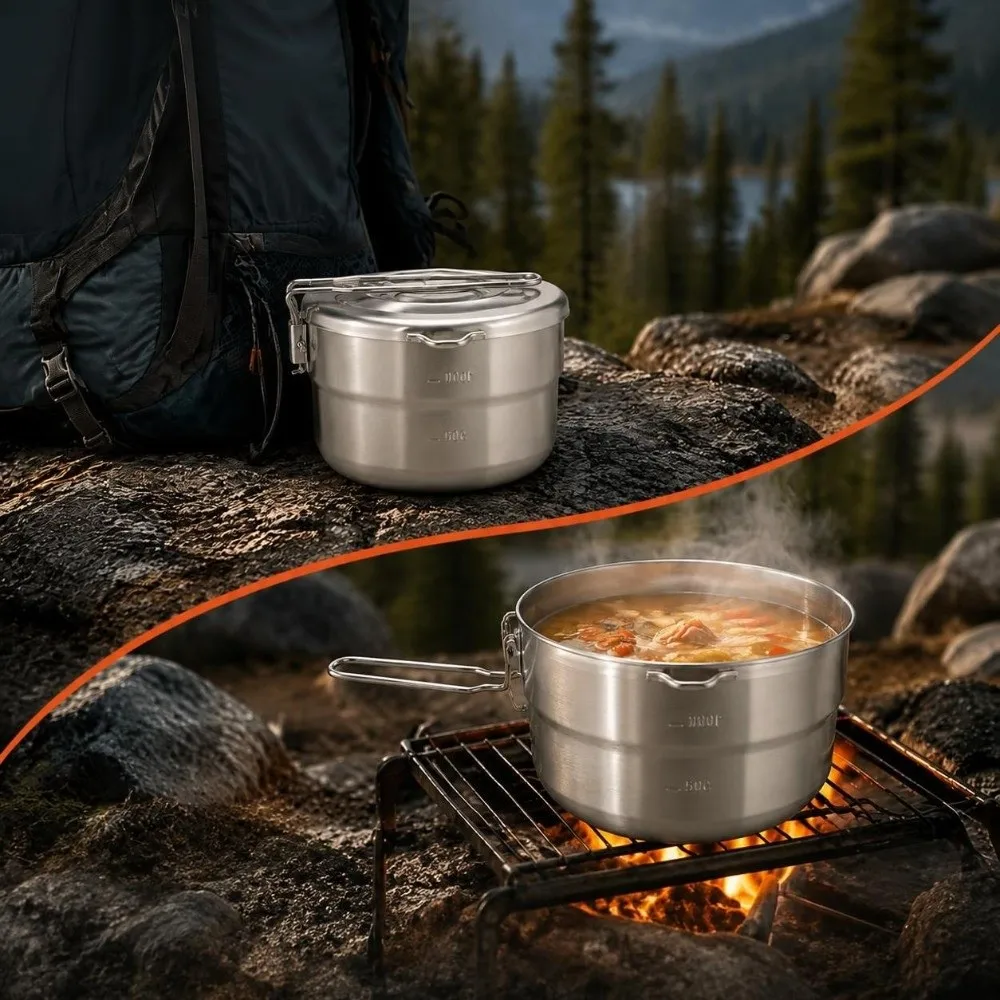 Portable 1.5L Camping Cook Pot Folding Handle With Lid 304 Stainless Steel Lunch Box Practical Outdoor Cookware Hiking
