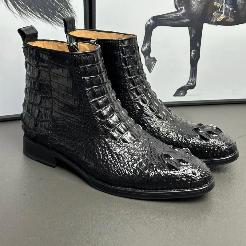 

New Thai Crocodile Skin Fashion Business Casual Chelsea Shoes Skull Genuine Leather Suede Sole Men's Boots Loafers Leather Boots