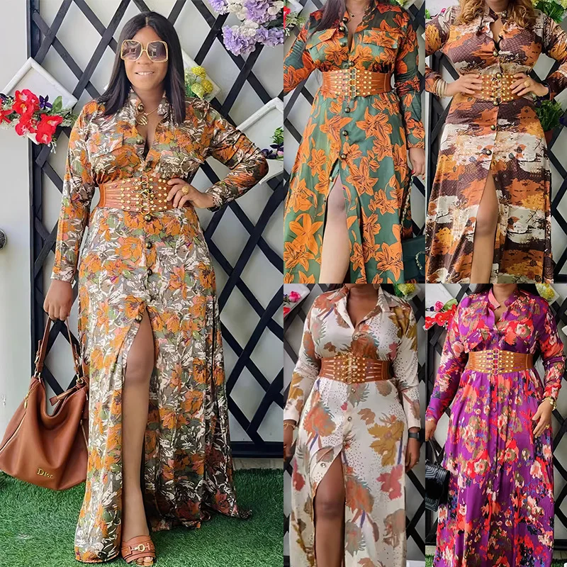 African Dress Women Sexy Long Dresses Flower Print A Line Single Breasted Belt Tight Waist Autumn Elegant Africa Split Vestidos