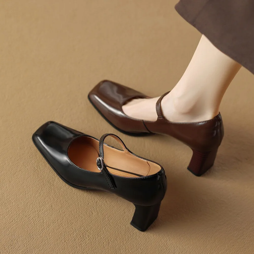 NEW Spring/Autumn Shoes Women Square Toe Chunky Heel Mary Janes Solid Color Women Pump Genuine Leather Shoes Classics High Heels