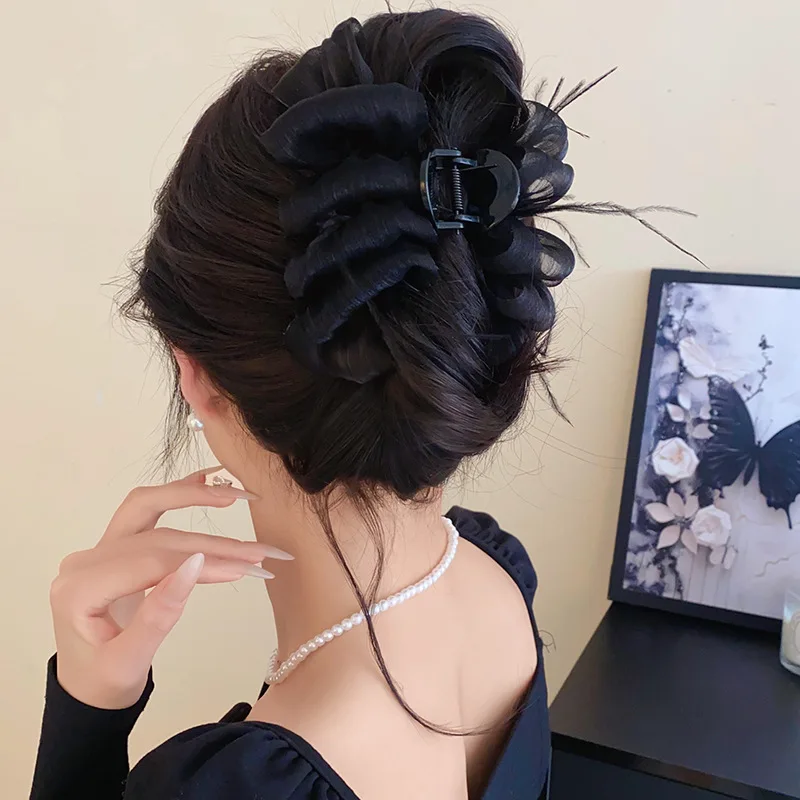 女性用プリーツメッシュヘアクリップ,弓,羽,アクリル,用途の広いアクセサリー,豪華なファッション,新しい