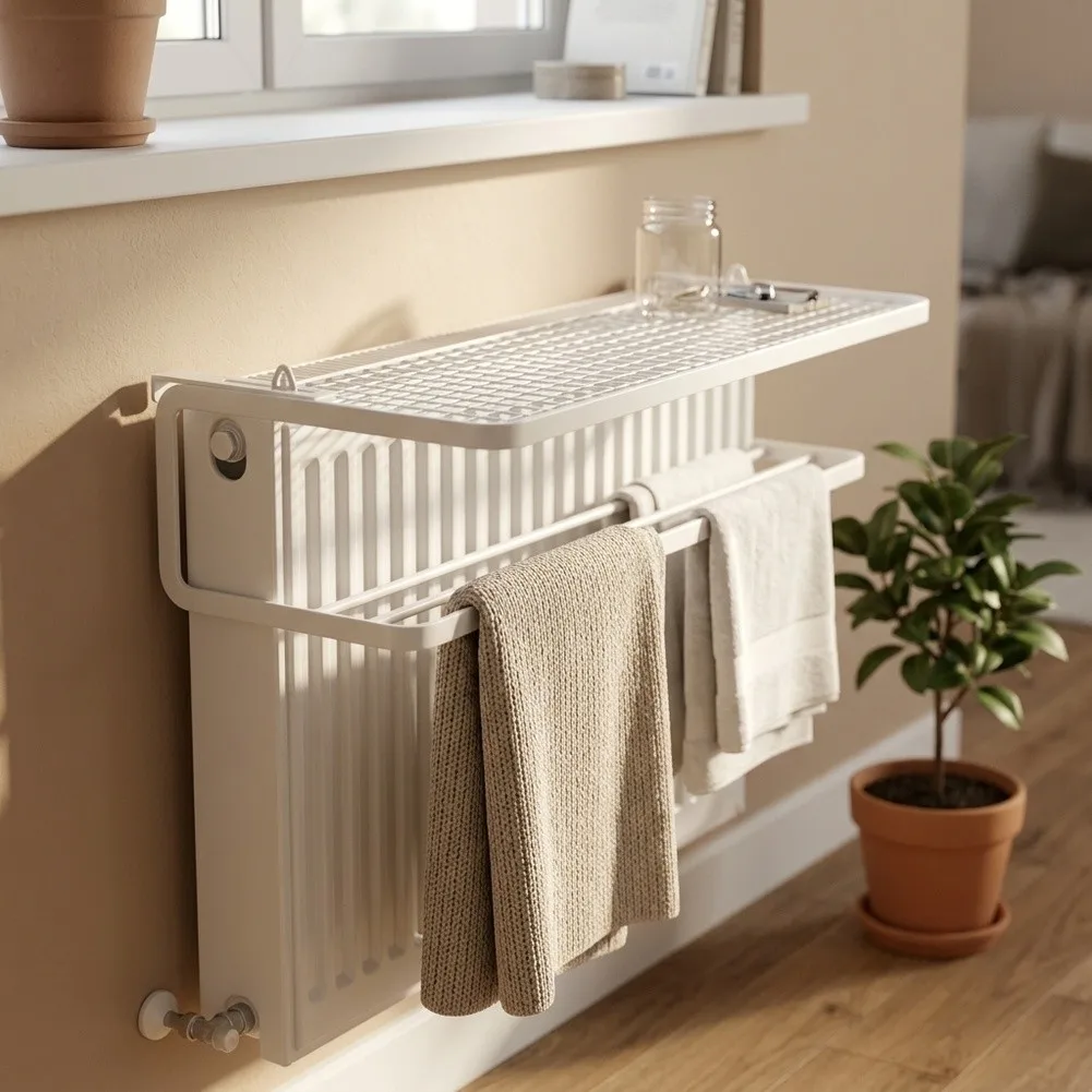 Compact Radiator Mounted Storage Shelf Double Tier Heat Resistant No Drill Hanging Organizer For Clothes Towels Home Winter Use