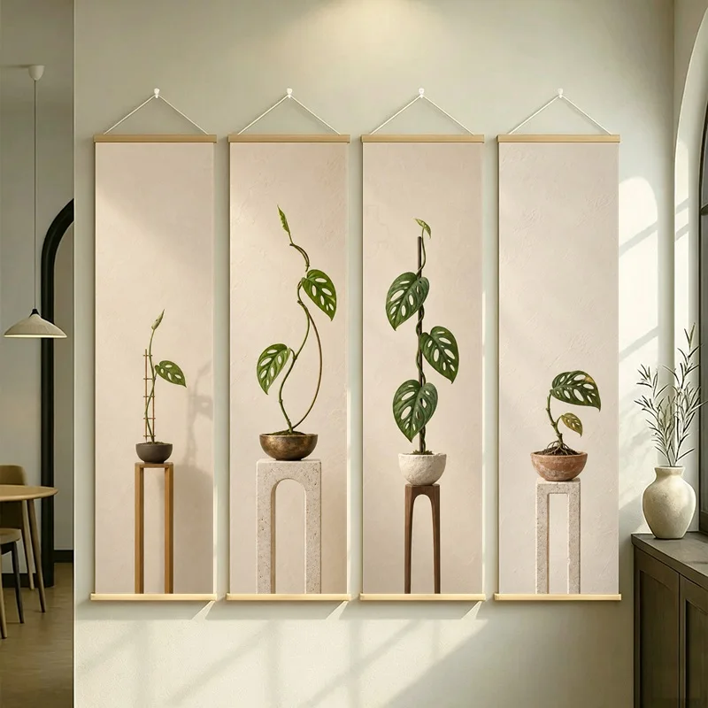 Monstera Vine Wall Art 4-Panel Swiss Cheese Leaf Scroll Set on Cream Silver Shimmer Canvas for Modern Office Room Decor