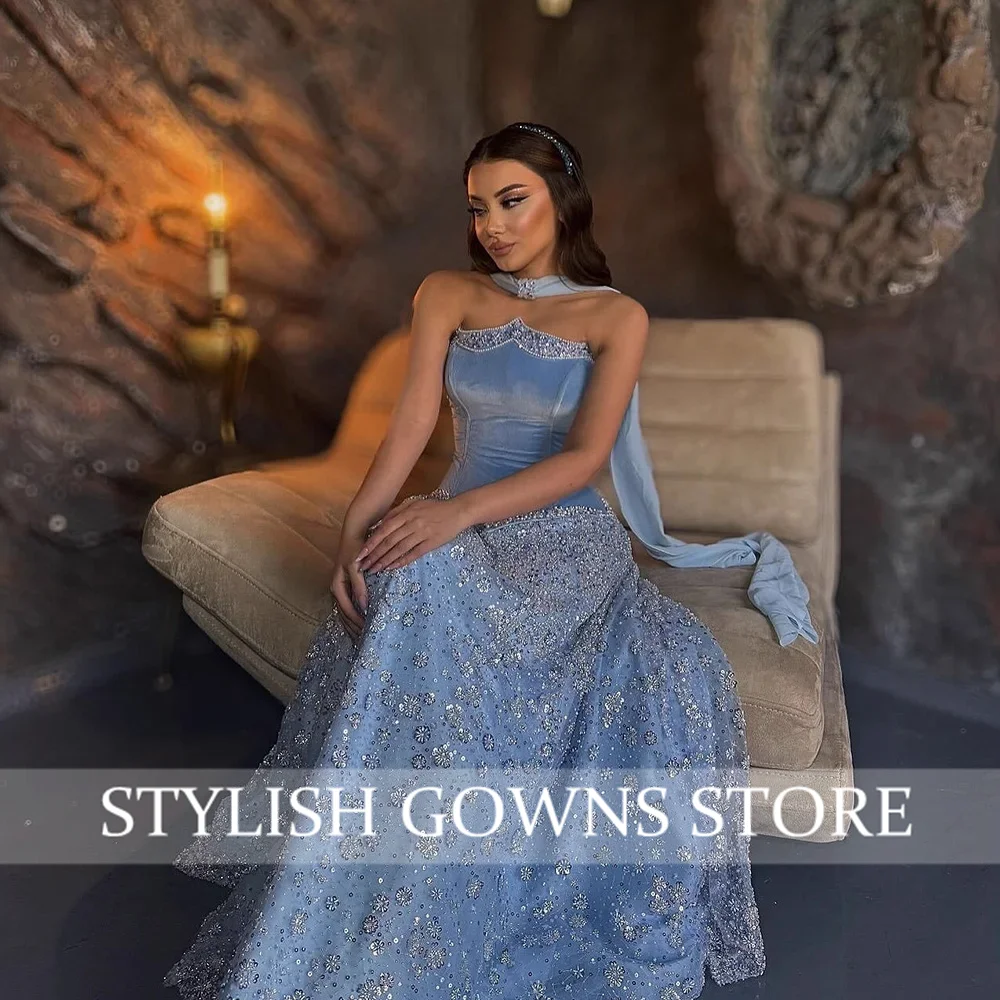 Luxuriöses arabisches blaues Perlen-A-Linien-Abendkleid, elegantes formelles Damenkleid, maßgeschneidert, فسات Cosa • Prom Gown Vestidos