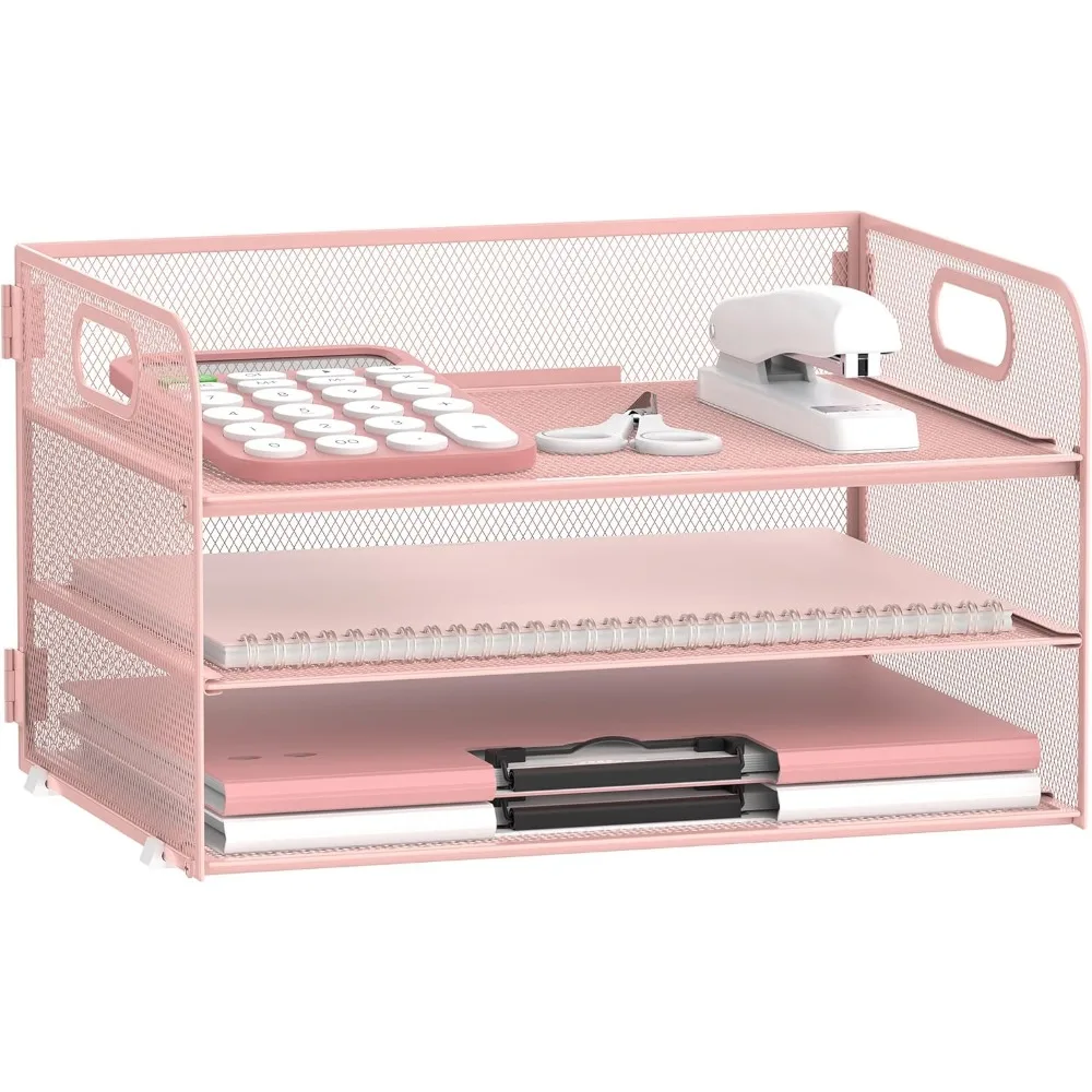 

3 tier paper organizer with handle, mesh desk organizer letter tray, a4 file folder paper tray, pink