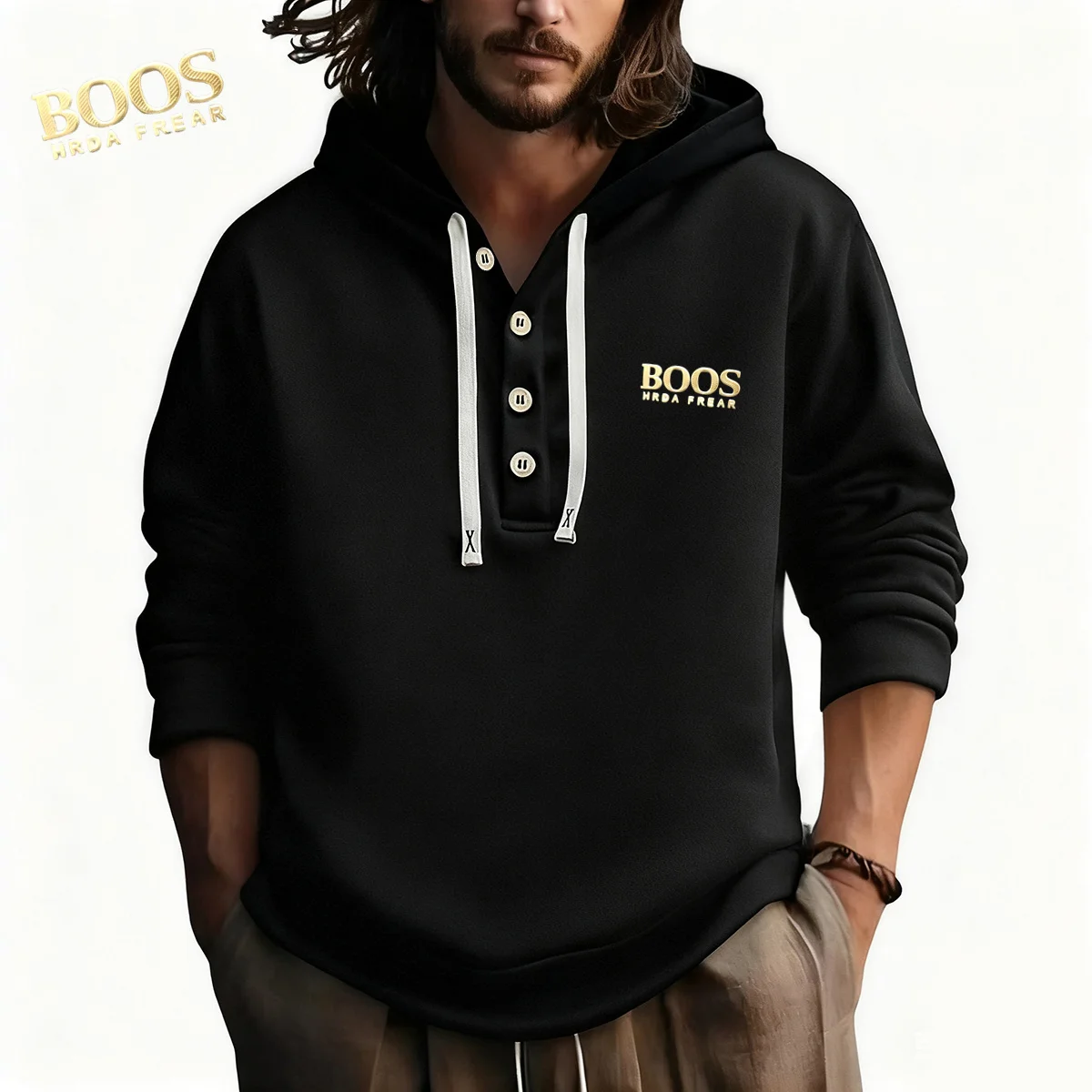 سويت شيرت رجالي ذو تصميم مميز بشعار ذهبي قياسي، هوديس بأكمام طويلة، سويت شيرت اجتماعي غير رسمي للأعمال #1