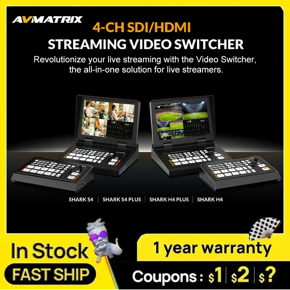 AVMATRIX Shark S4 / S4 Plus Shark H4 / H4 Plus / S6 4-CH SDI/HDMI-compatible Streaming Video Switcher 10.1 inch FHD IPS