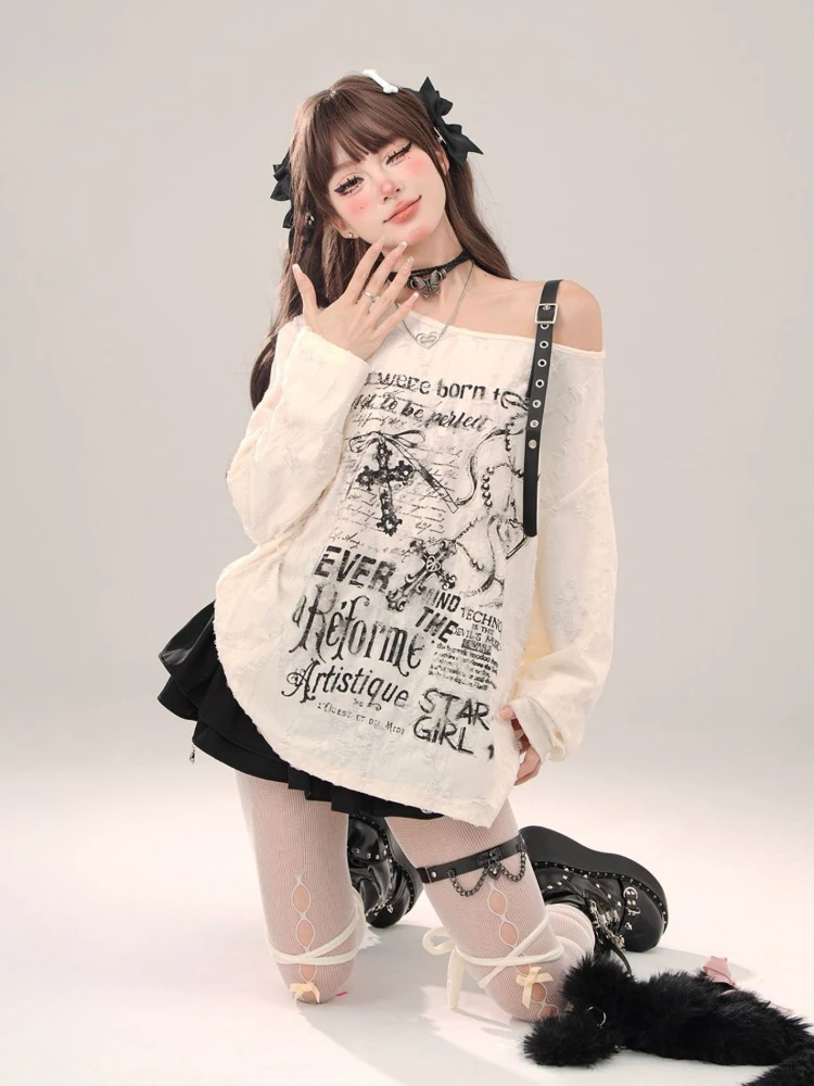 Harajuku Tshirts Grunge Vintage Streetwear Oversized Tee Shirts Y2k Aesthetic Casual Off Shoulder T-shirt Loose Letter Printing