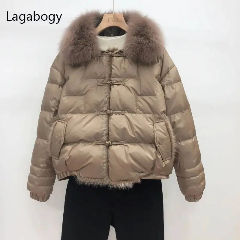 Lagabogy 2025 Vera Pelliccia di Volpe Collo di Inverno Delle Donne 90% Piumino D'anatra Bianca Della Signora Breve Caldo Piumino Cappotto Femminile Allentato Vintage Parka