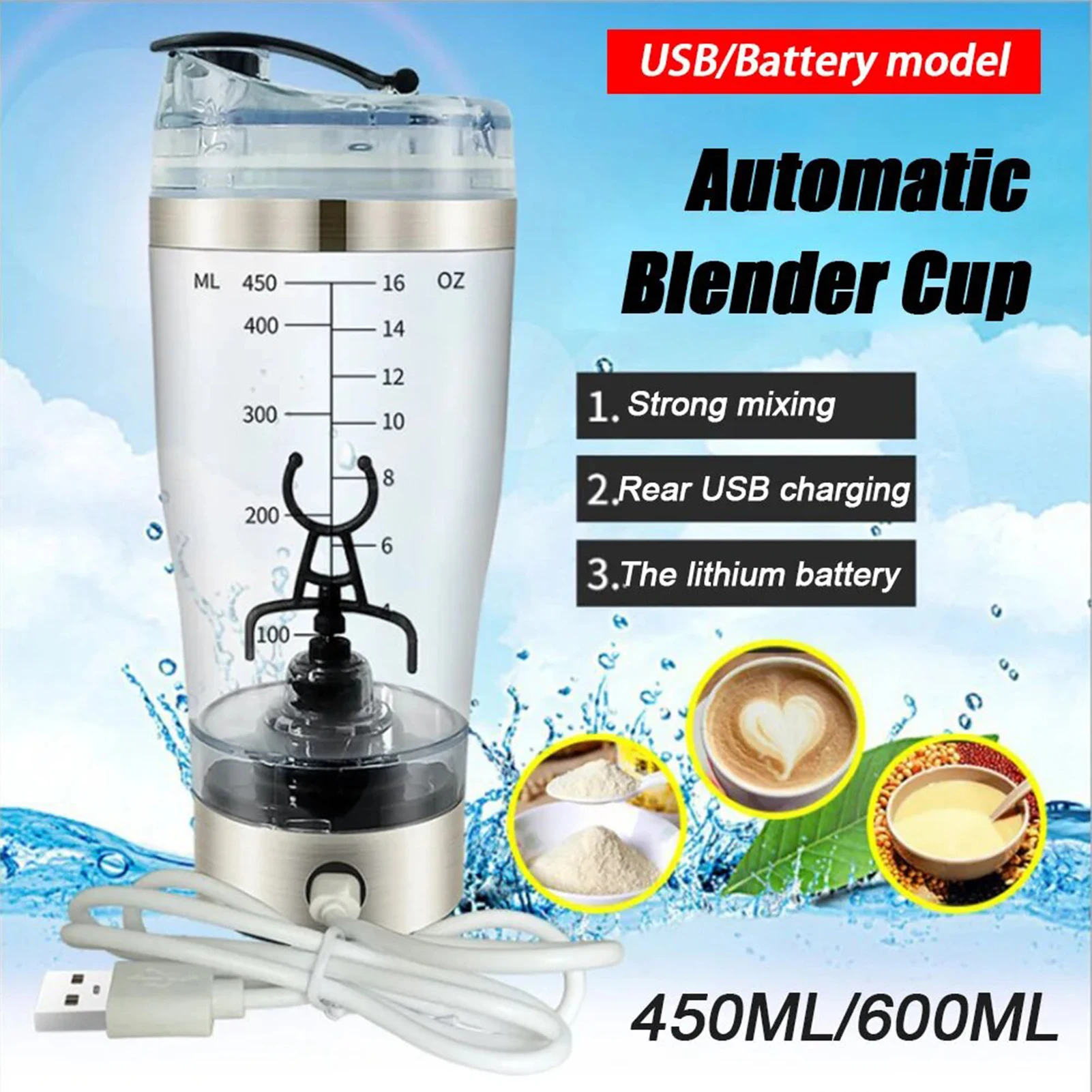 450/600ml Electric Mixing Cups Portable Milk Coffee Protein Powder Shaker Bottles USB Charging Mixer for Sports Fitness Kitchen