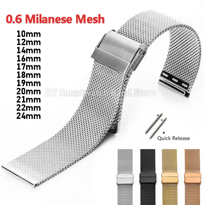 12mm 14mm 16mm 17mm 18mm 19mm 20mm 21mm 22/24mm Schnellverschluss Milanaise-Mesh-Armband 0,6 für DW Edelstahl Universal-Armband