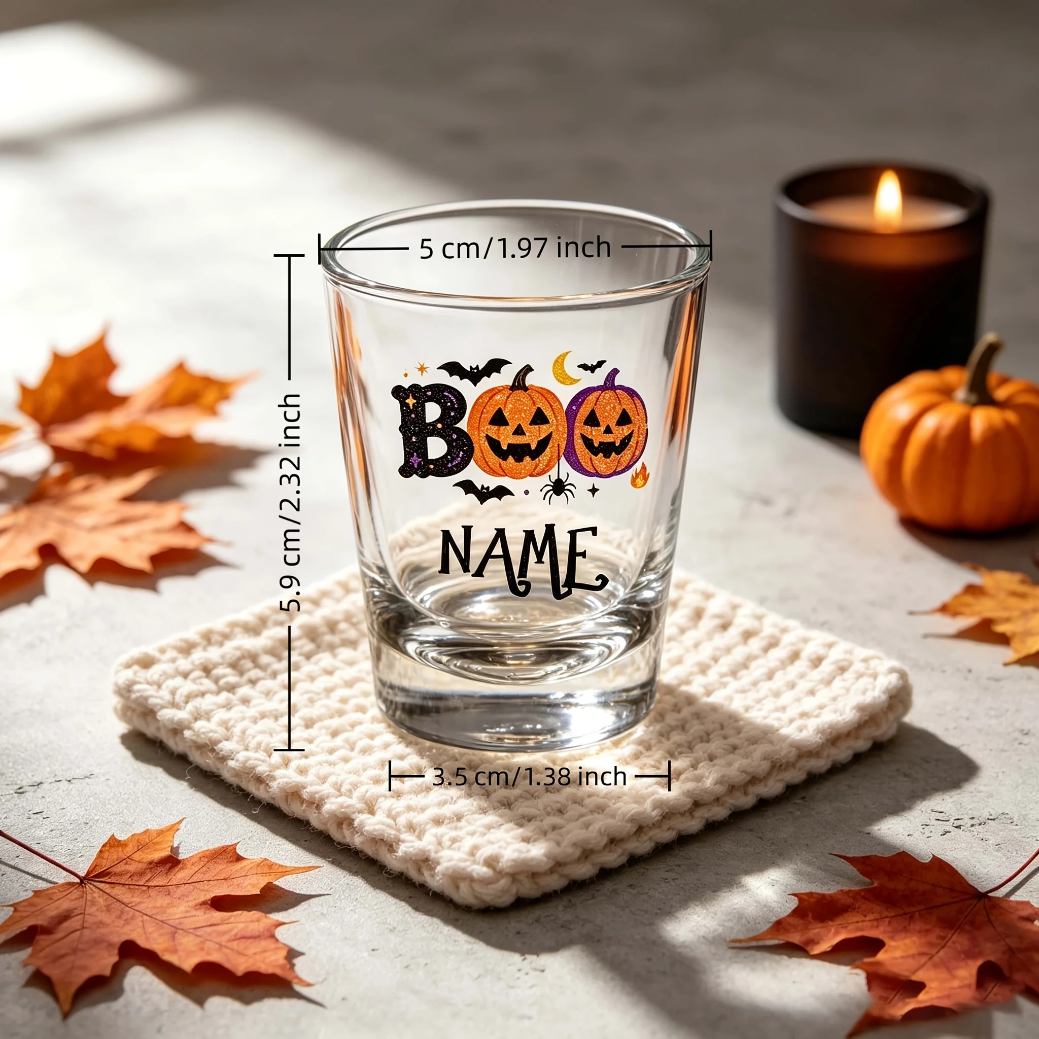 1 Personalized Liquor Glass, Customizable with Name, Boo Pumpkin Halloween Shot Glass, Transparent Glass Cup with Bat and Spider Print, Customizable Text on the Glass, Halloween Party Supplies, Creative Gift for Friend