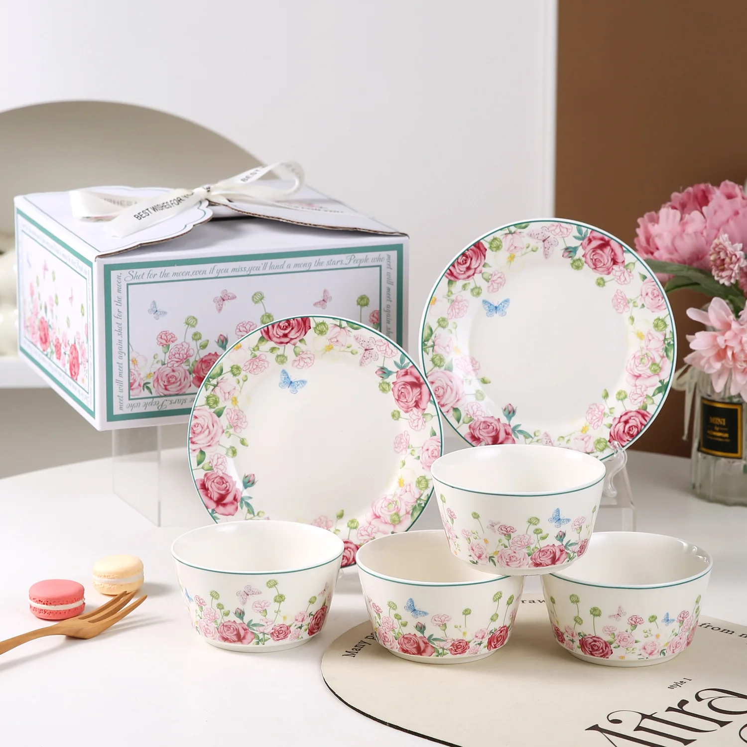 Nordic Style Rose Flower Ceramic Bowl Plate Set Home Use Meal Bowl Dish Combination Kitchen Dining Tableware Set for Ladies