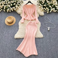 Chic Knit Women Two-Piece Sets Vintage Square Collar Single Breasted Top High Waist Mermaid Skirt Korean High Street Clothing