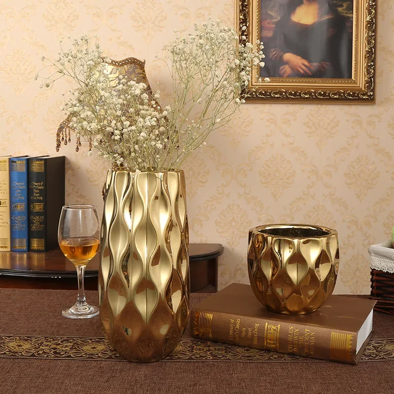 

Nordic ceramic vase golden big mouth flower arrangement living room craft decoration dried pot fish