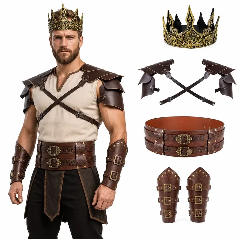 Men's Medieval King Viking Costume Set Crown Leather Shoulder Armor Belt Bracer Halloween LARP Props