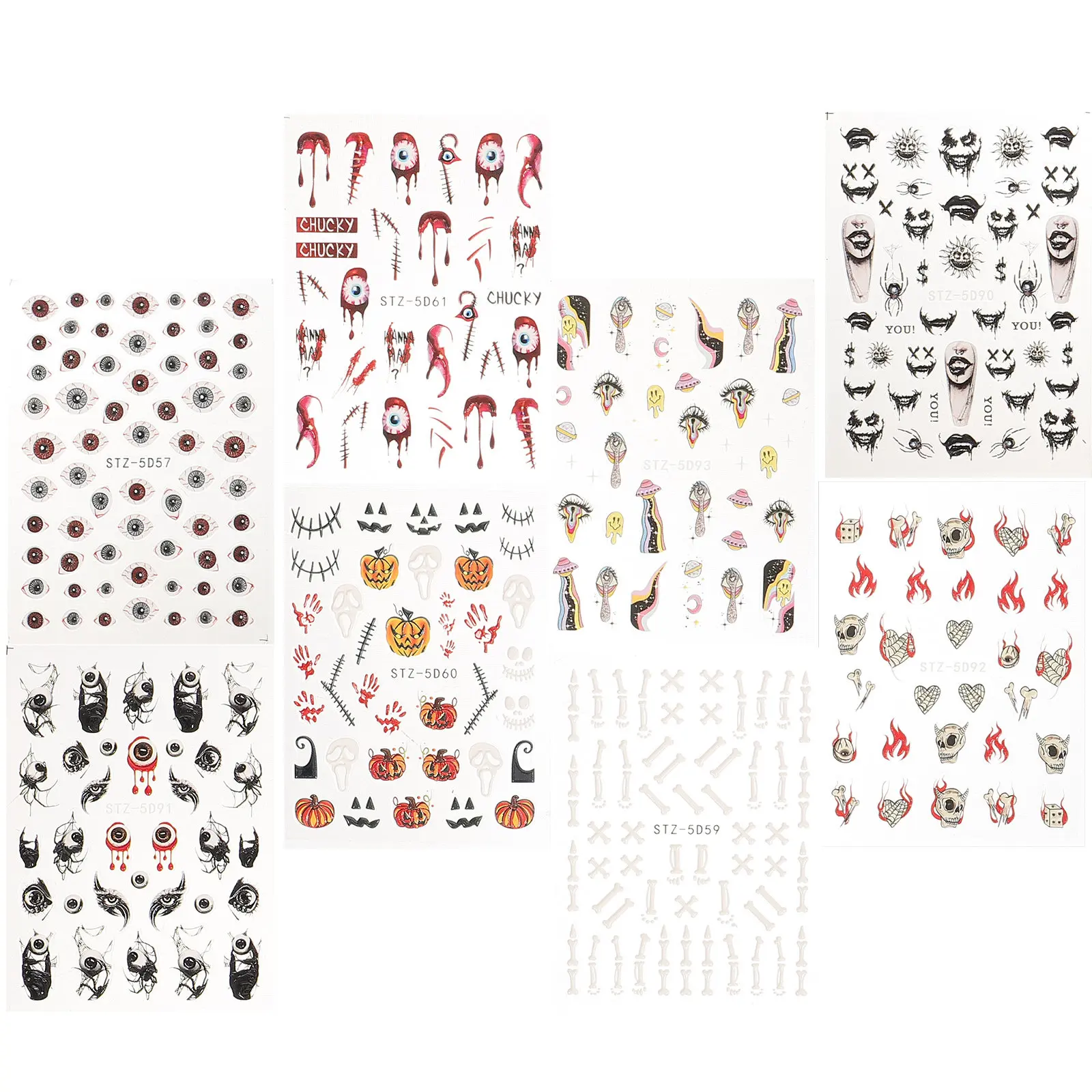 

8 листов 5D-наклеек для ногтей с тиснением, готические декоративные наклейки, многоразовые узоры для Хэллоуина, Рождества, выпускных вечеров, для самостоятельного дизайна ногтей