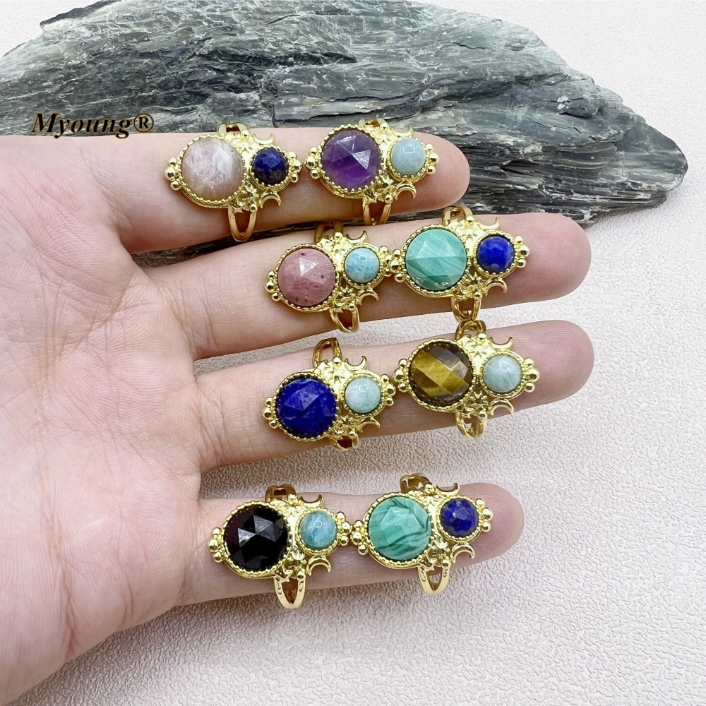 10PCS Exquisite Round Faceted Natural Gems Tiger Stone Onyx Amethysts Crystal Malachites Adjustable Ring For Wome