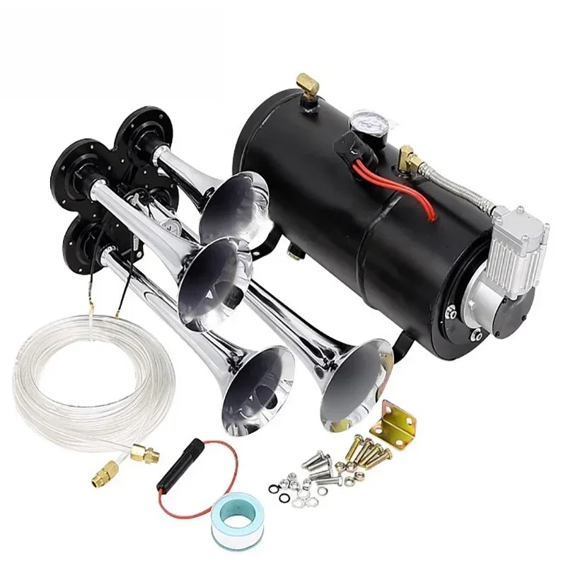 220V four-tube air horn modified with a car air pump, 12V 150psi 3L/6L air compressor