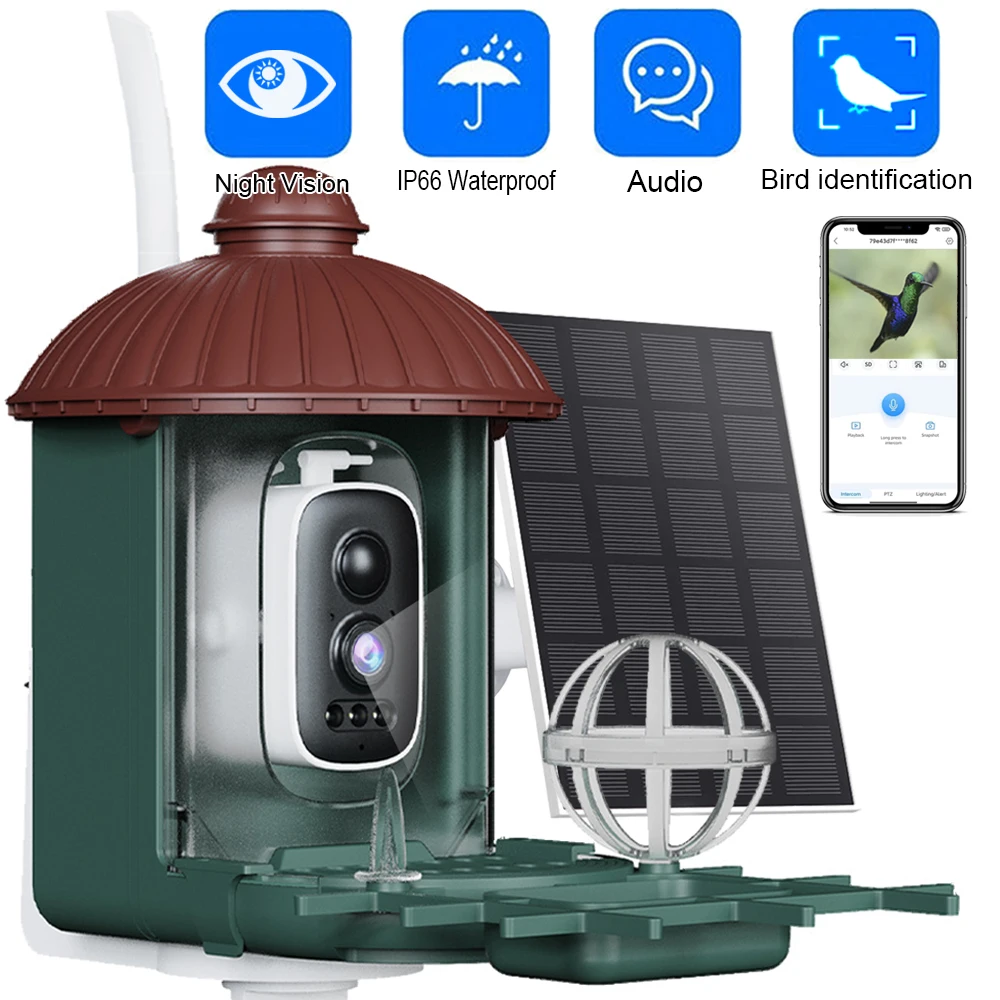 Smart Bird Feeder Camera 4MP 2K HD Outdoor Bird Video Capture WiFi Battery Solar Power Camera,Two-way Audio,Feed House Container